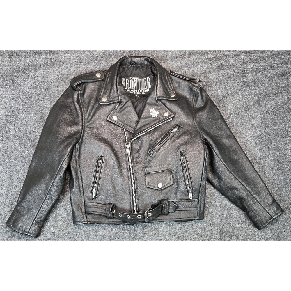 Vintage Frontier Leathers Motorcycle Jacket Youth Large Black Waist Belt Biker